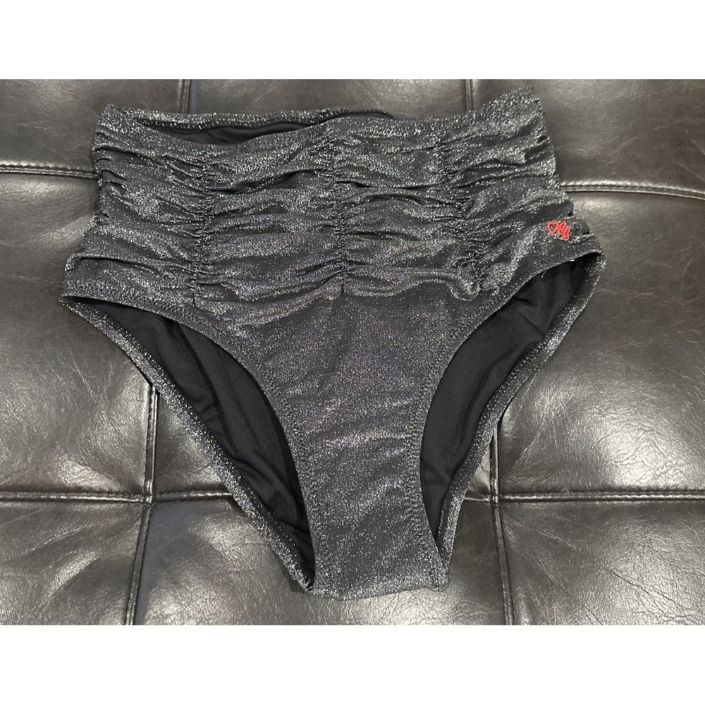 Robert Graham Size 4 Ruched High Waist Metallic Swim Bikini Bottom Black Shimmer